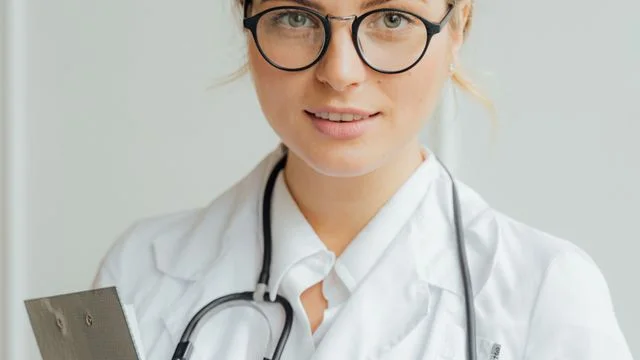 Healthcare professional wearing glasses and a stethoscope