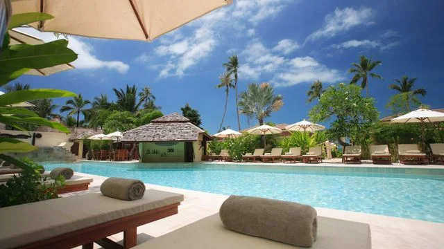 Tropical resort pool with palm trees and shaded seating